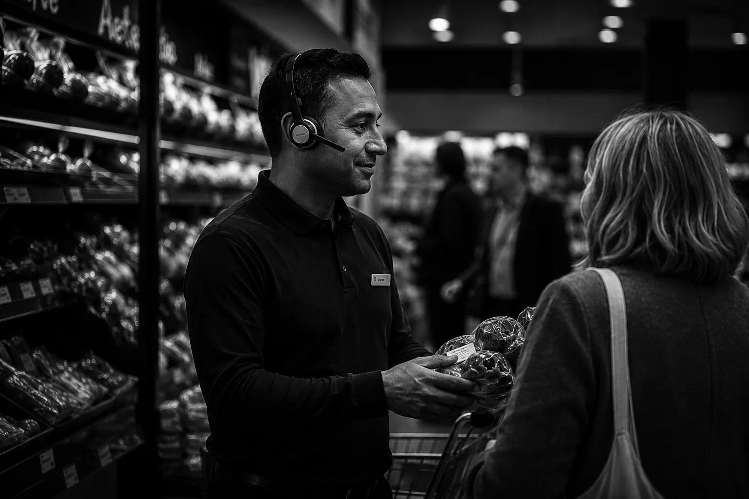FrontlineOS — a supermarket colleague on a headset handing a bag of produce to a customer in the fruit and vegetable aisle.